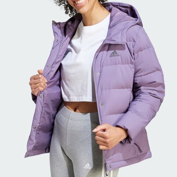 Adidas Down Jacket Womens M Purple Hooded Puffer Coat Logo Helionic Warm - Picture 1 of 13